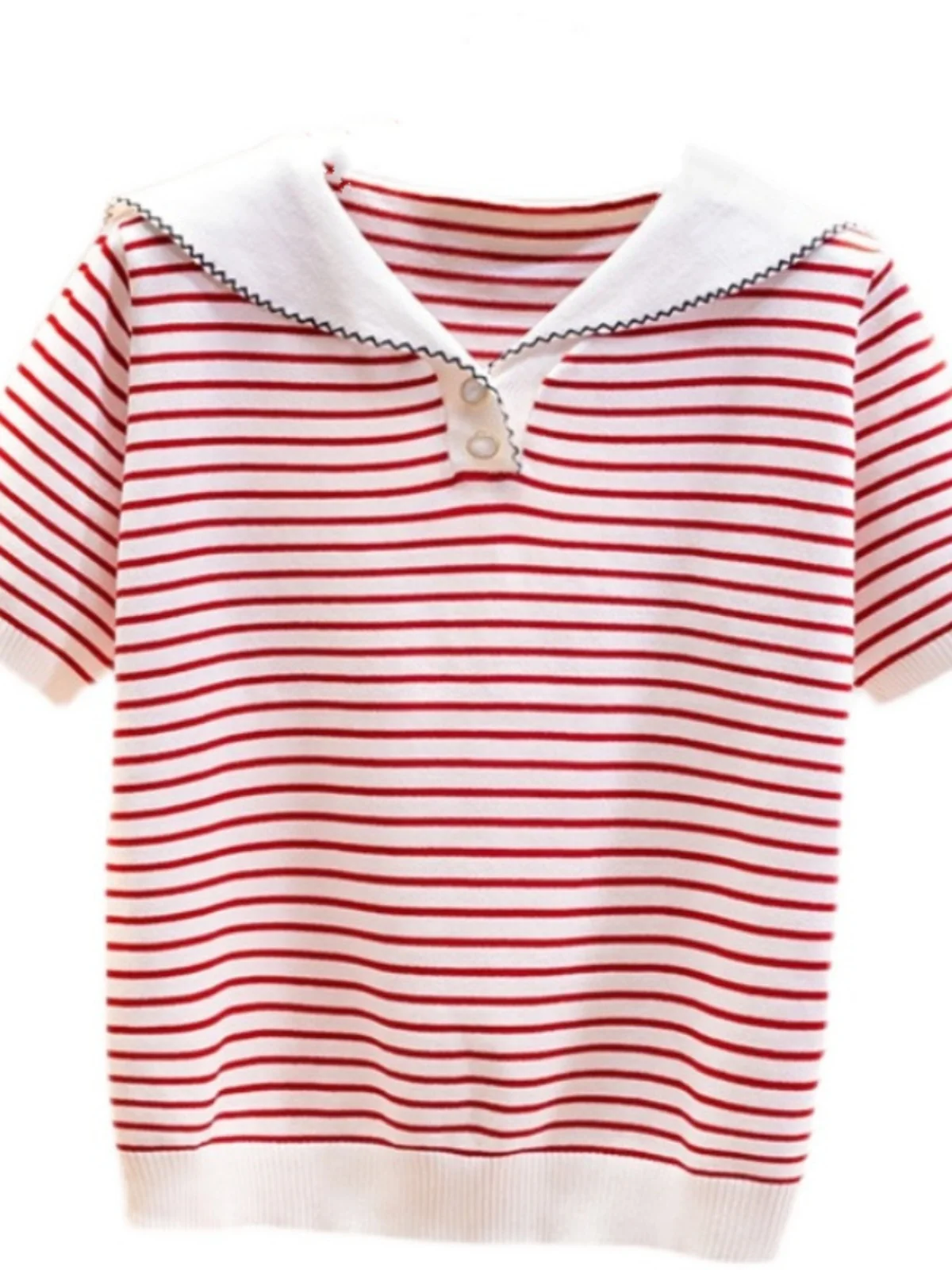 Striped Knitted T-shirt Summer Ice Silk V-Neck Navy Style Short Sleeve Top Women 2024 New Korean Loose Versatile Short Tee