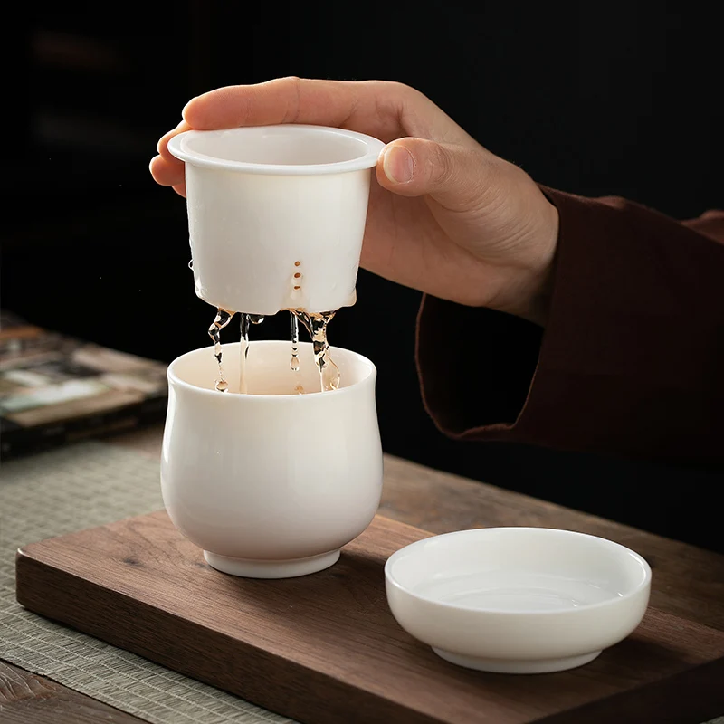 Chinese Style Tea Filtering and Separation Cups, With Cover White Porcelain Personal Mug, Home Drinkware Ceramic Office Cup, 1Pc