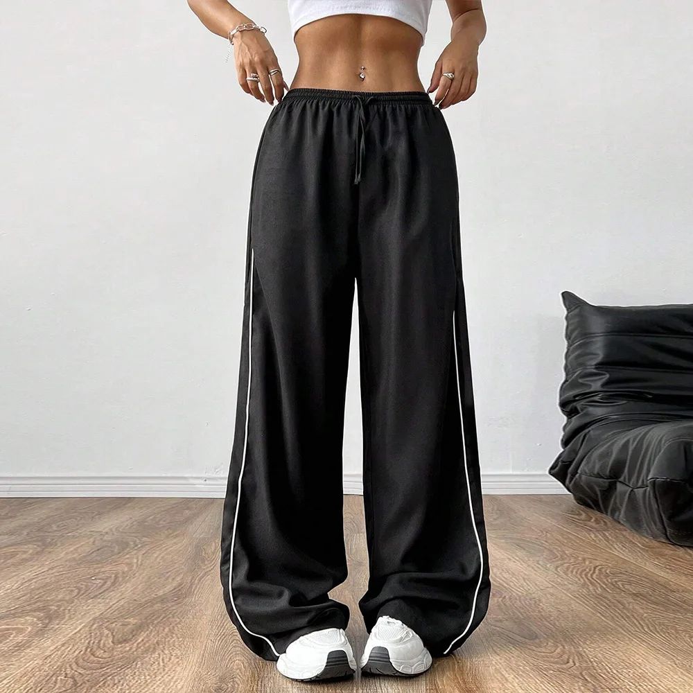 

Летние свободные повседневные брюки с дизайном талии, контрастного цвета по бокам, широкие брюки, повседневный модный стиль на шнурке