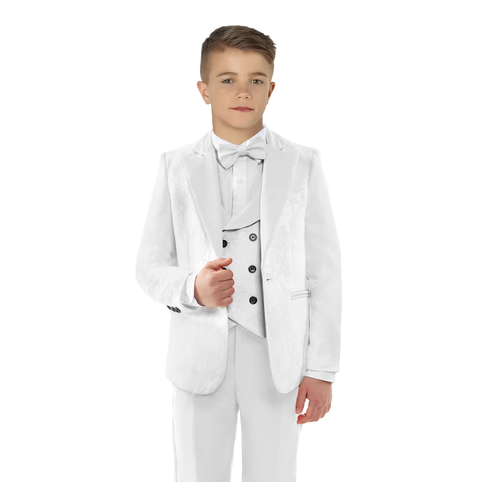 

In Stock Jacquard Wedding Suit for Boys from 3 to 14 Years, Flower Boys Tuxedo Blazer Jacket Vest Pants Set Notched Laple