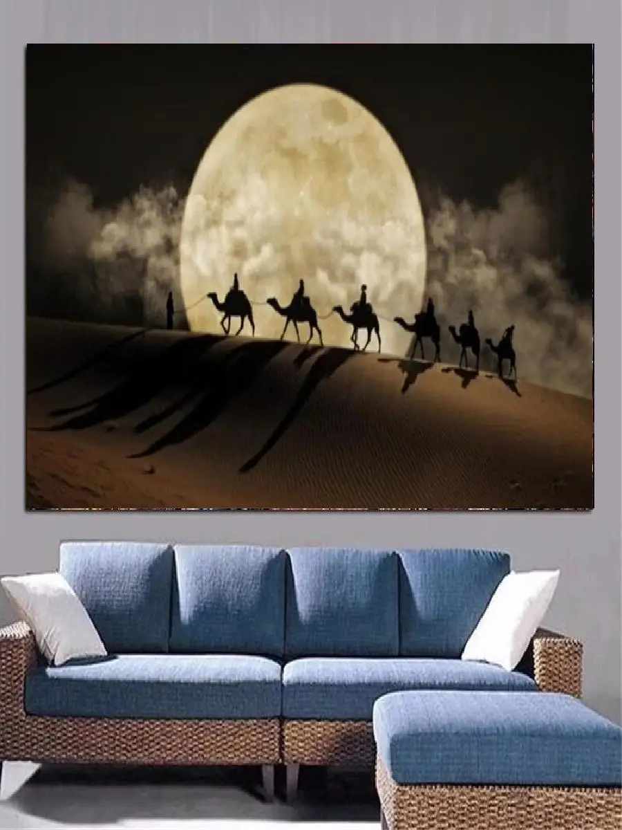 Desert Moon Night Scene Canvas Painting  Camel in Desert Wall Art Decor  Landscape Posters  Prints for Home