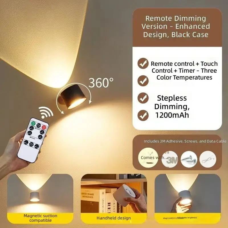 3 Colors LED Night Lamp Usb Rechargeable Wall Light Magnetic 360 Rotatable Touch Remote Control For Bedroom Bedside Table Decor