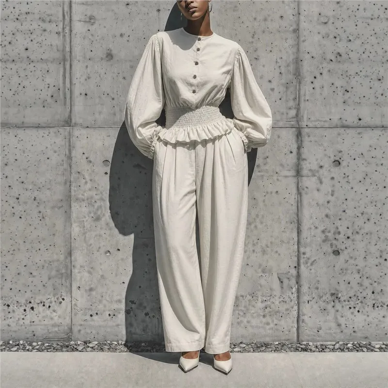 New Autumn Fashion 2‑Piece Set Women Button Lantern Sleeve Smocked Ruffle Blouse High Waist Pleated Wide Leg Pant Casual Outfit