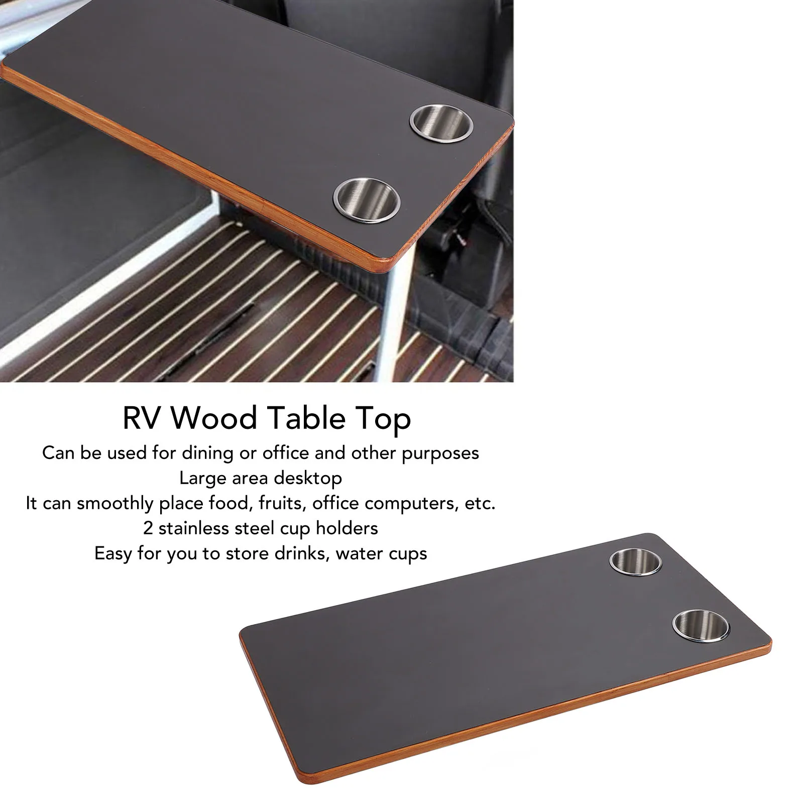 Столешница для автодома 800 х 400 мм с 2 держателями для чашки из нержавеющей стали, черная деревянная столешница для яхты, патио, столешница для автофургона, столешница для яхты