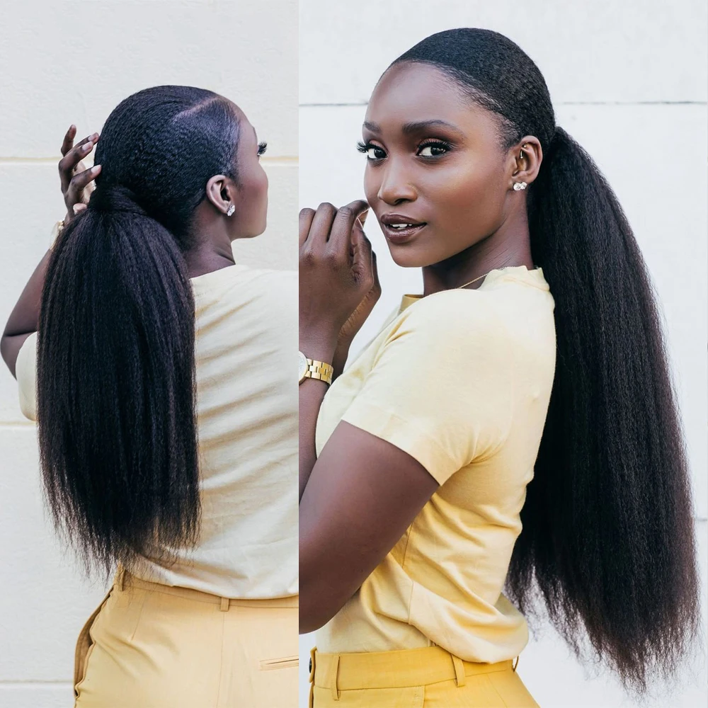 100g Kinky Straight Human Hair Wrap Around Ponytail Remy Hair Extensions Brazilian Hair Pieces Natural Color For Women