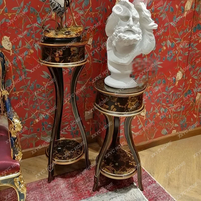 XX  Chinese style retro solid wood flower few traces silver foil painted black tall flower stand