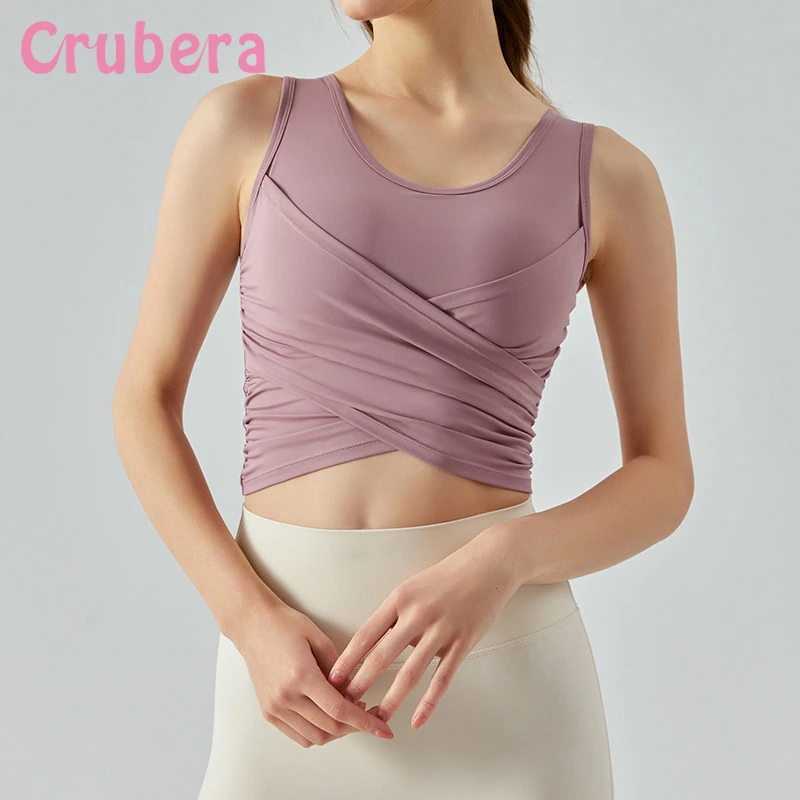 

Crubera Summer Nude Cross Pleated Yoga Tank Top Women Beautiful Back with Chest Pads Tight Sports Vest