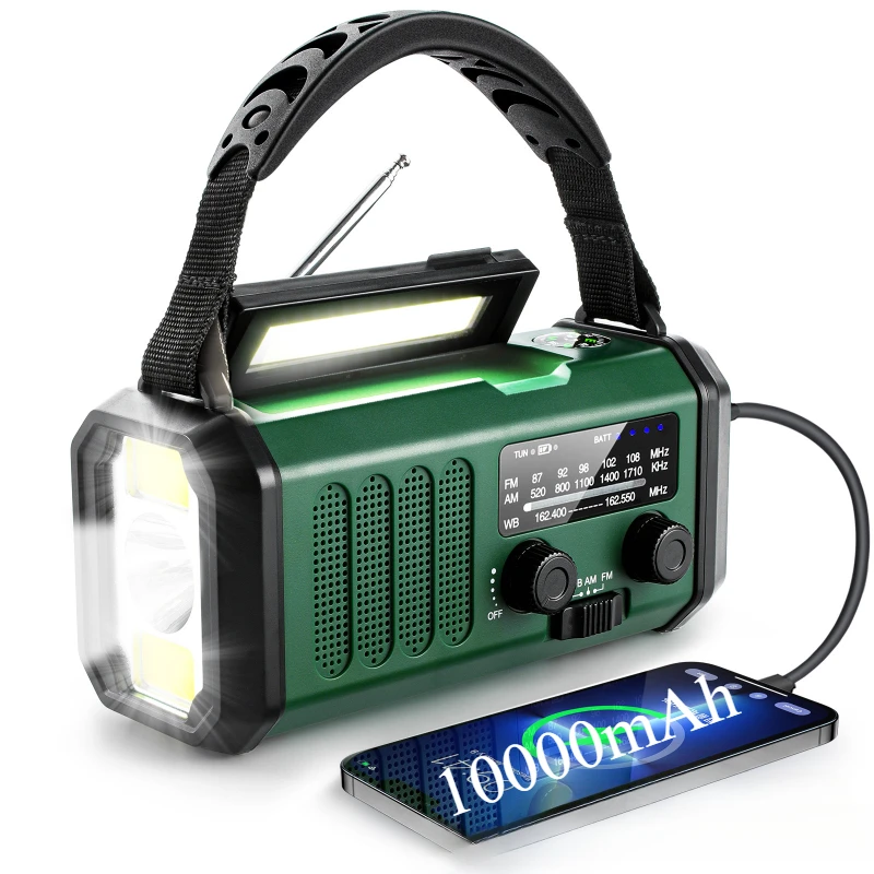 Radio de emergencia portátil de 10000mAh, manivela Solar, Radios AM/FM con linterna, lámpara de lectura, brújula, alarma SOS, alerta meteorológica