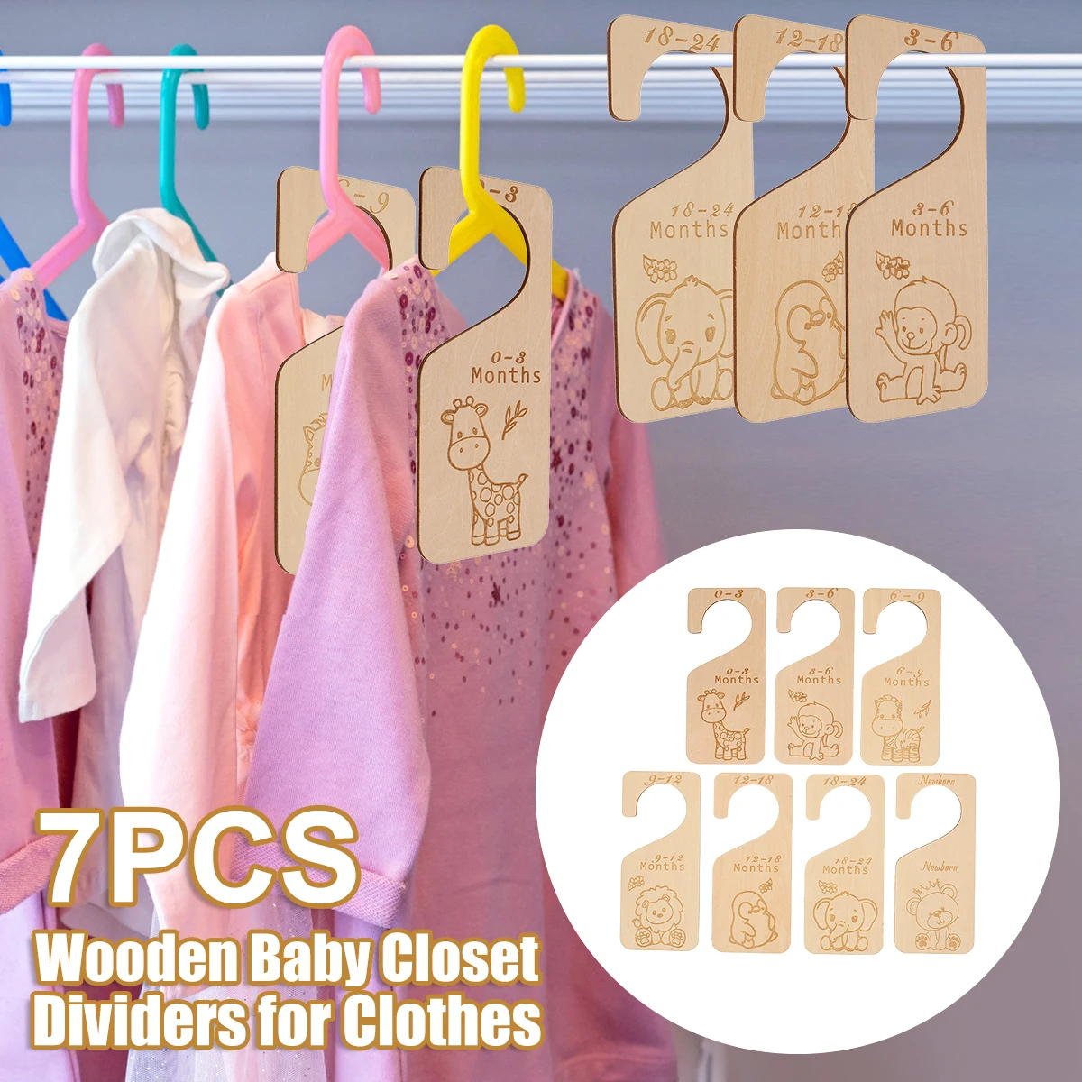 7Pcs Baby Closet Dividers Wooden Nursery Closet Size Dividers Double-Sided Baby Clothing Dividers from Newborn to 24 Month Cute