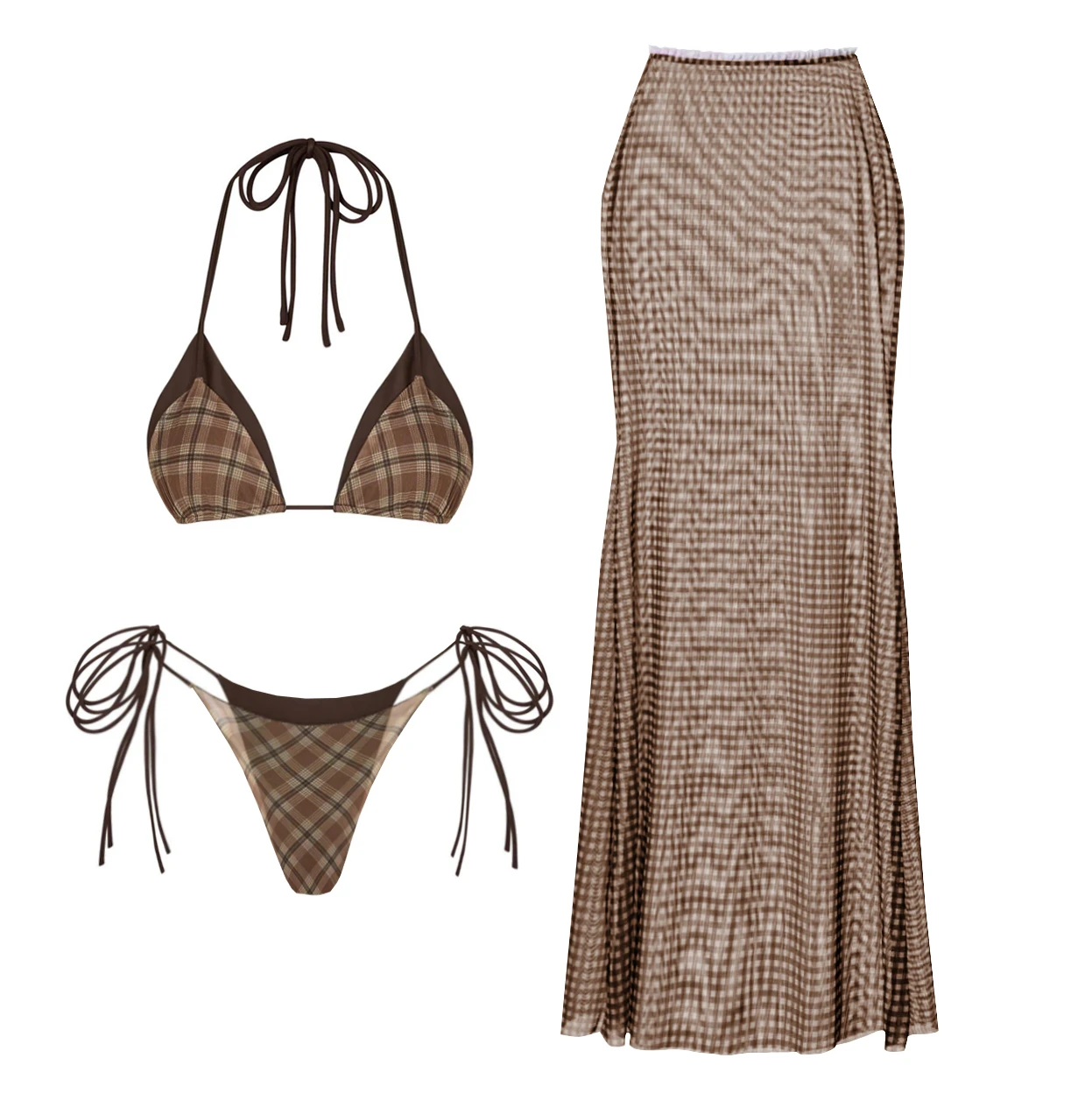 Plaid 3Pcs Sexy Bikini 2026 Women Swimsuit Female Push Up Swimwear Brazilian Biquini Mesh Skirt Brown Bathingsuit Beachwear