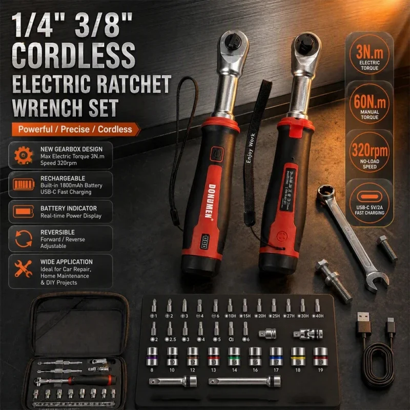 USB-C Rechargeable Electric Ratchet Wrench 3.6V 320 RPM 1/4' 3/8' Bidirectional with LED Battery Indicator for DIY Repair Auto