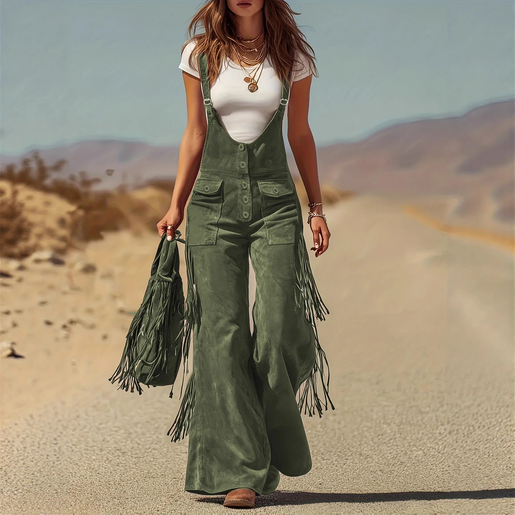 Amazon Hot-Selling Cross-Border European And American Women's Retro Western Suede Fringe Wide-Leg Overalls Cargo Long Pants