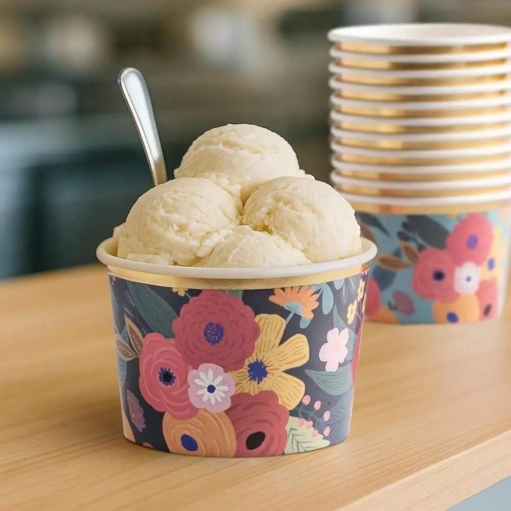 Paper Ice Cream Cups And Soup Bowls, 50Count 9Oz, Sunlit Meadow Midnight Petals Floral Designs, Hot Cold Paper Snack Cups, Ice
