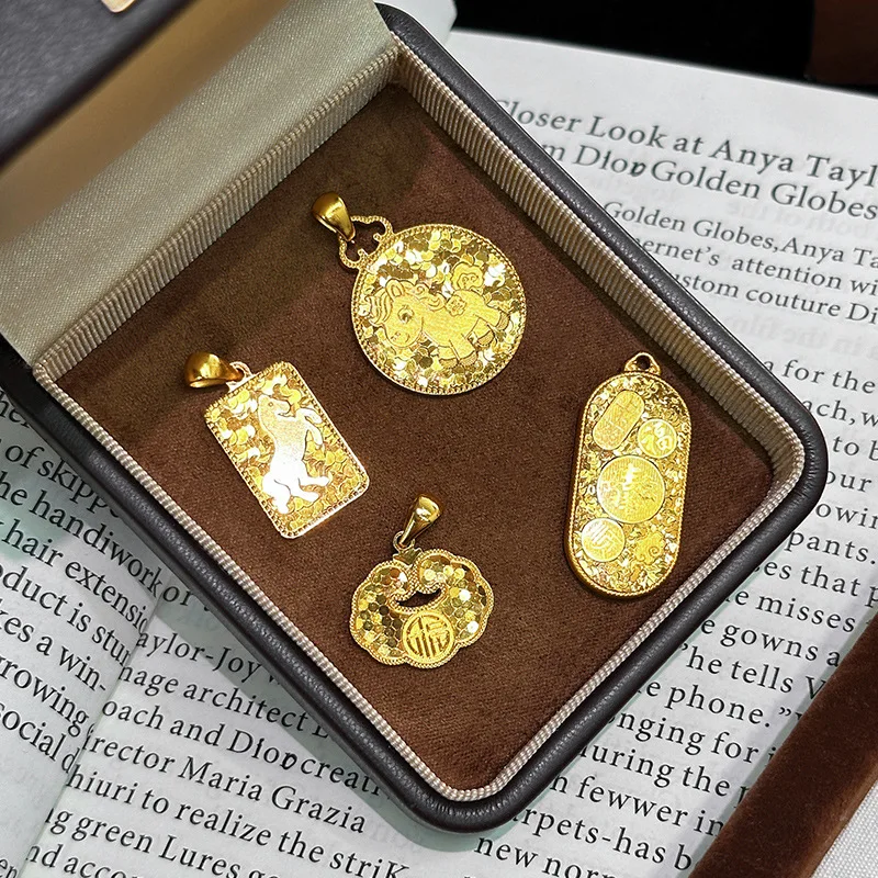 Women's Light Luxury Vintage 9999 24K Real Gold Design Sparkling CNC Crushed Ice Dragon Scale Ruyi Fuma Pendant Necklace