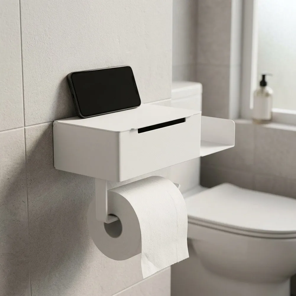 White Carbon Steel Toilet Roll Holder Stores Wipes and Phone Compact Bathroom Organizer 25x12.5x6.5cm Multifunctional