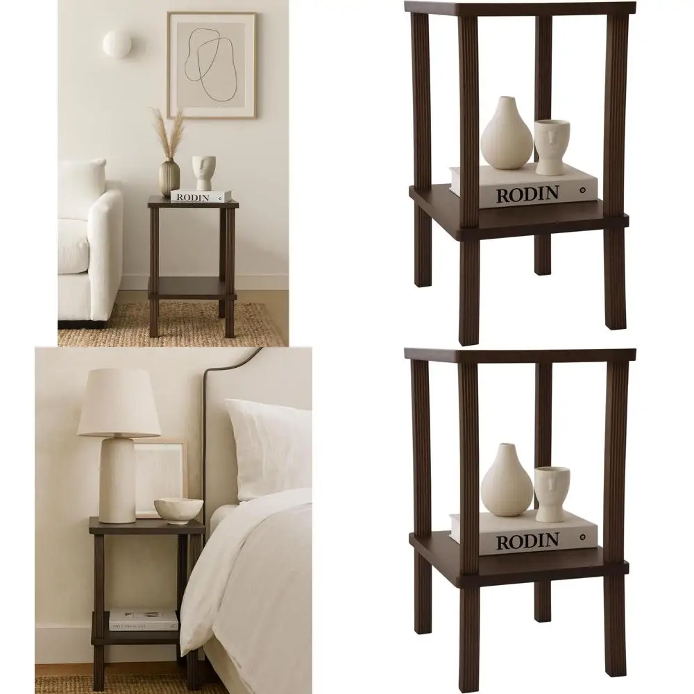 

Dark Brown 2-Tier Nightstand with Fluted Legs, Real Wood, for Living Room, Indoor Plants, Nursery, and Easy Assembly