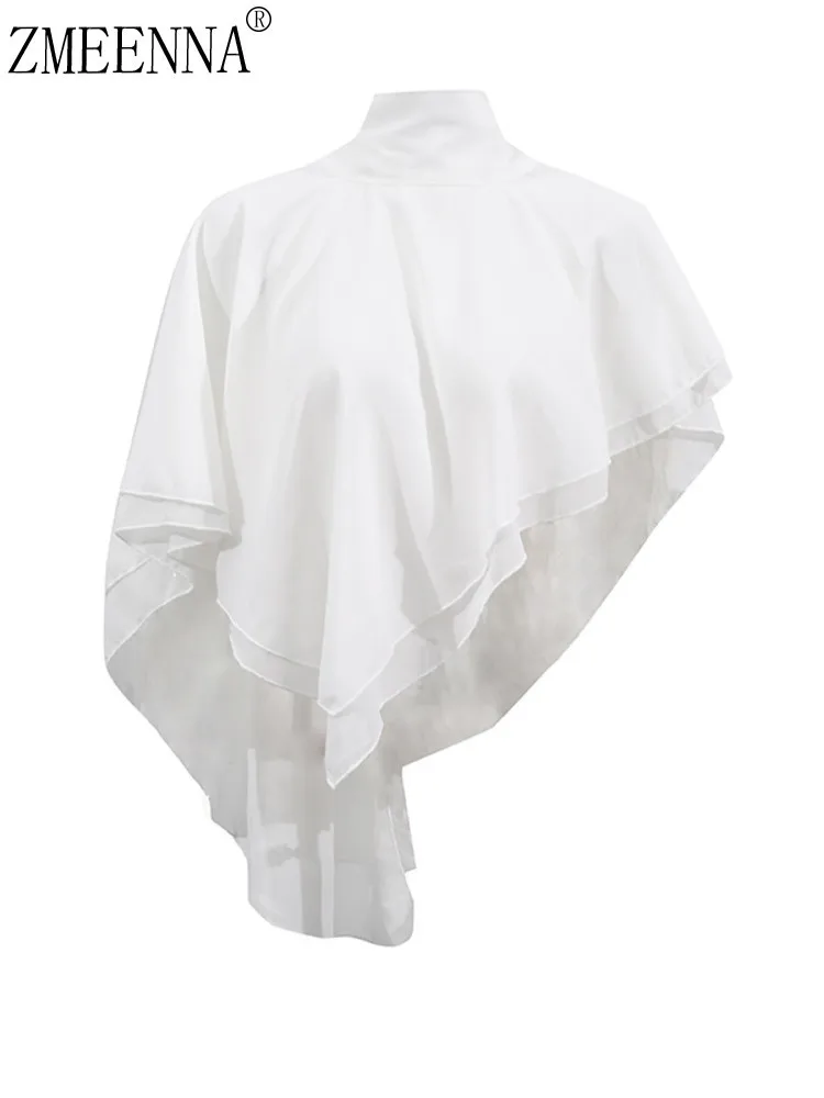 

ZMEENNA Women's White Asymmetrical Ruffle Drape Top Elegant High Neck Flowy Blouse Chic Modern Design Lightweight ZM3222