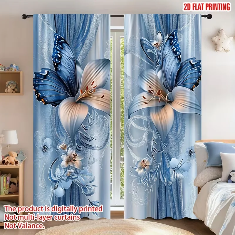 blue butterfly lily floral curtain for bedroom living room privacy and decor polyester fabric 2D flat print Without curtain rod
