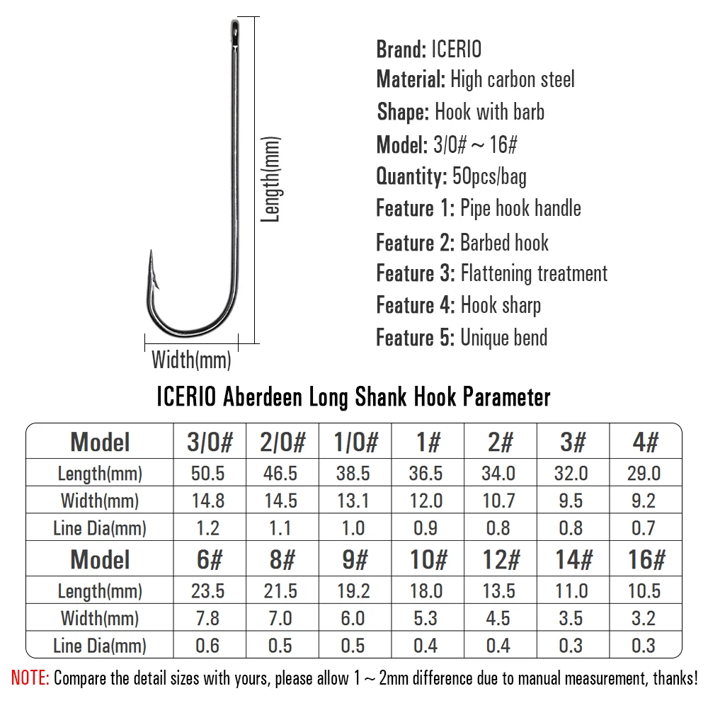 ICERIO 애버딘 롱 생크 물고기 후크, 해수 민물 낚시 후크, 사비키 리그 스트리머 플라이 후크, 사이즈 10, 4, 2, 2/0 3/0, 50 개