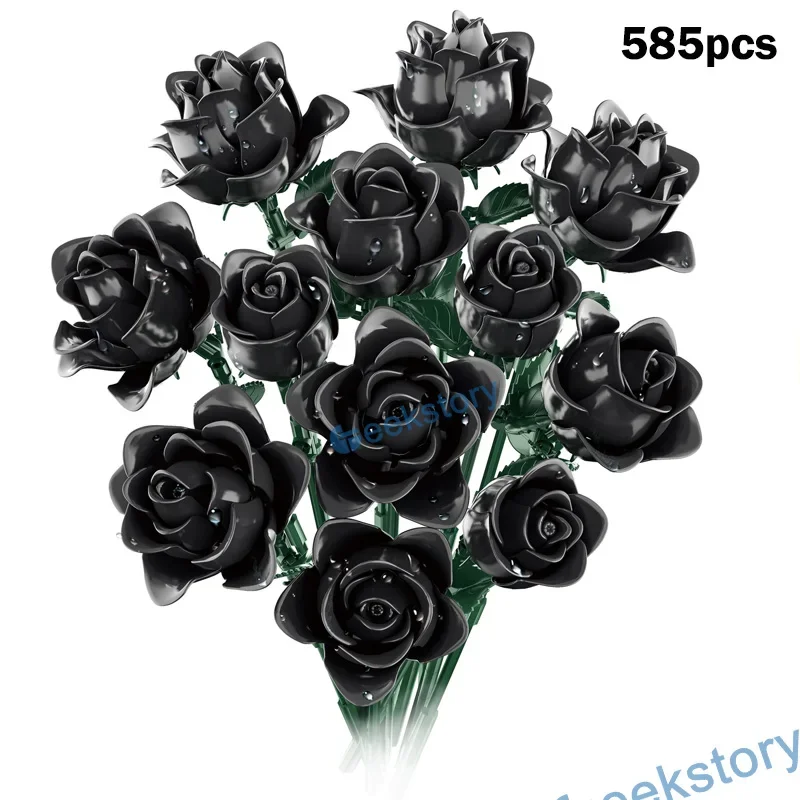 Simulation 585pcs Blue/Pink/Yellow Rose Bouquet Model Building Blocks Black Flower Set Girl Gifts Assembled Ornament Bricks Toys