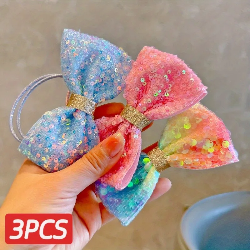 

3Pcs/set Fashionable and High-end Colorful Bow Hair Tie Temperament Hair Elastic Ponytail Rubber Band New Simple Headband