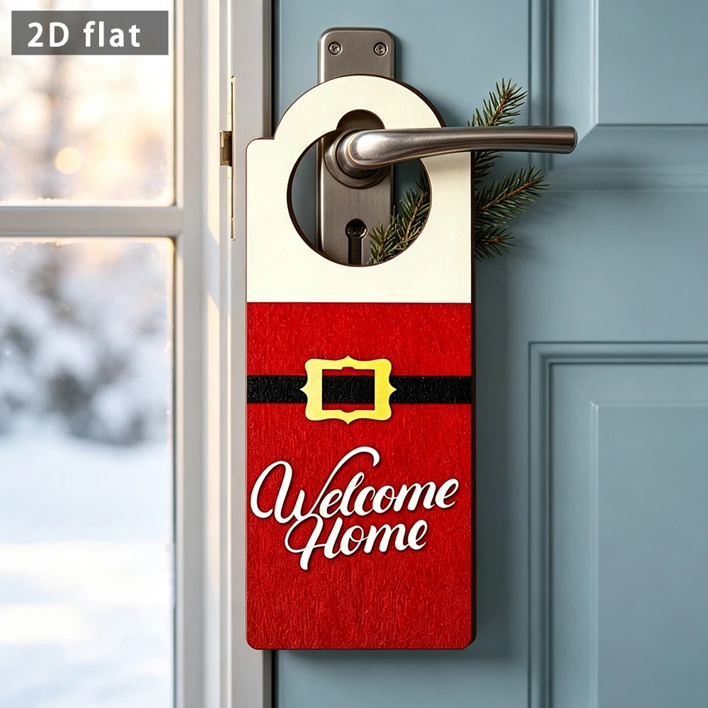 Christmas Santa Belt Door Hanger 2D Flat Wooden Sign 'Welcome Home' Home Decor Doorknob Sign