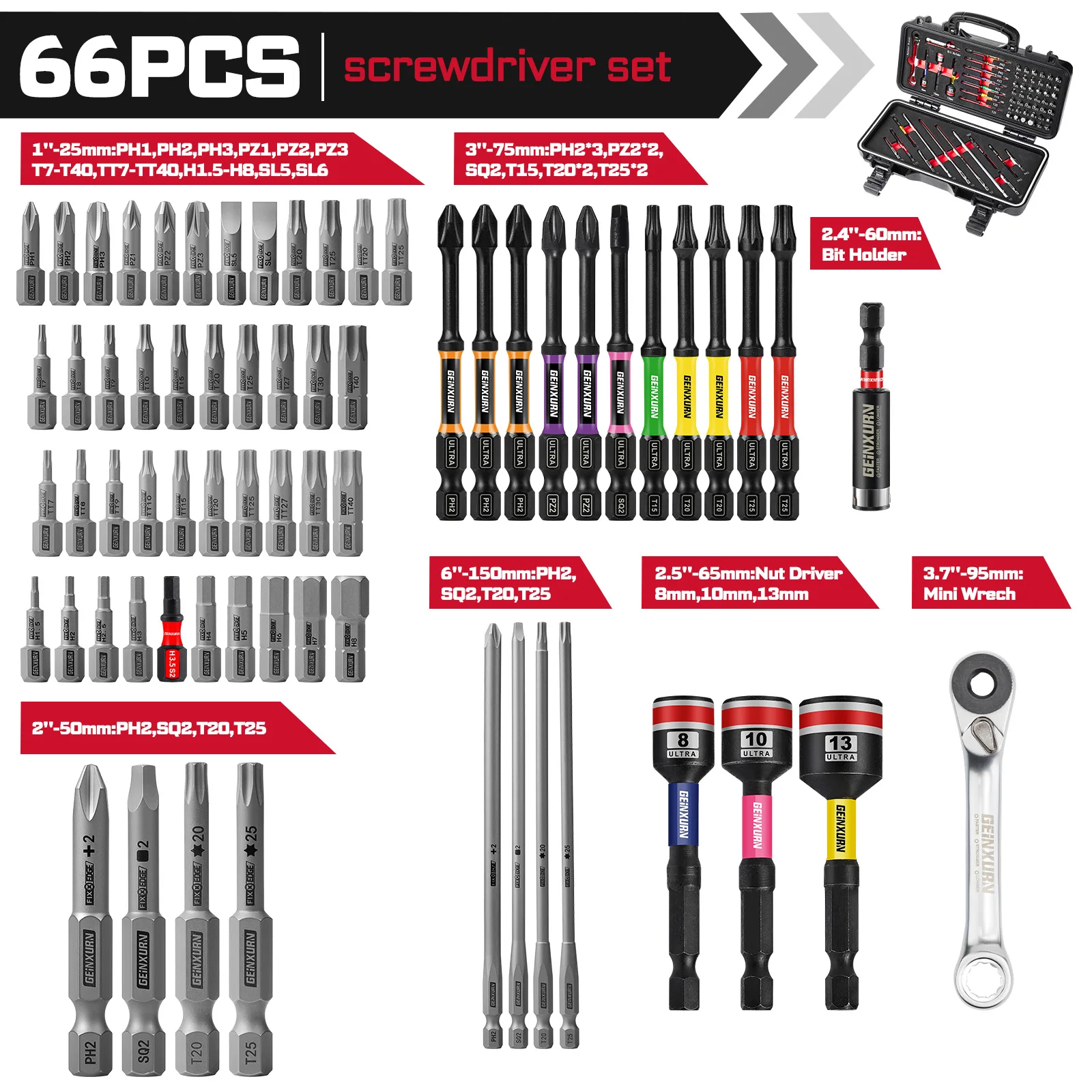 Geinxurn 72-Tooth Mini Ratchet Wrench Screwdriver Bit Set with Socket And Extension Bar Metal Storage Case