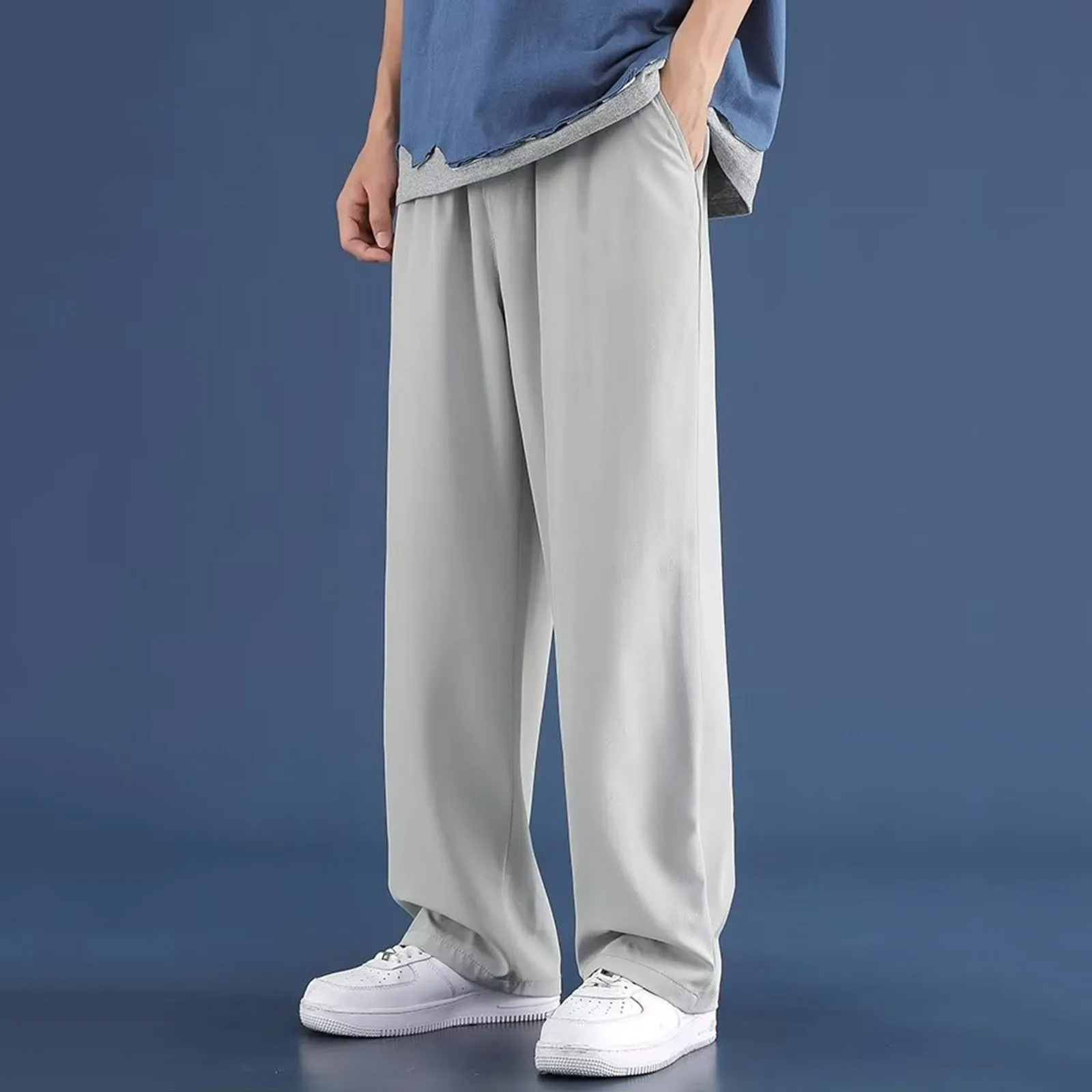 Men'S Long Trousers Summer Thin Ice Silk Quick Drying Cool Air Conditioned Harlan Pants Wide Leg Streetwear Pantalones 2024