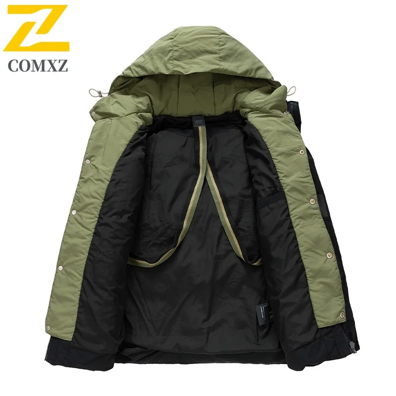 COMXZ Men Puffer Jackets Hooded Solid Adventure Climbing Travel Street Windproof Camping Padding Coat Loose Snow Winter Padding