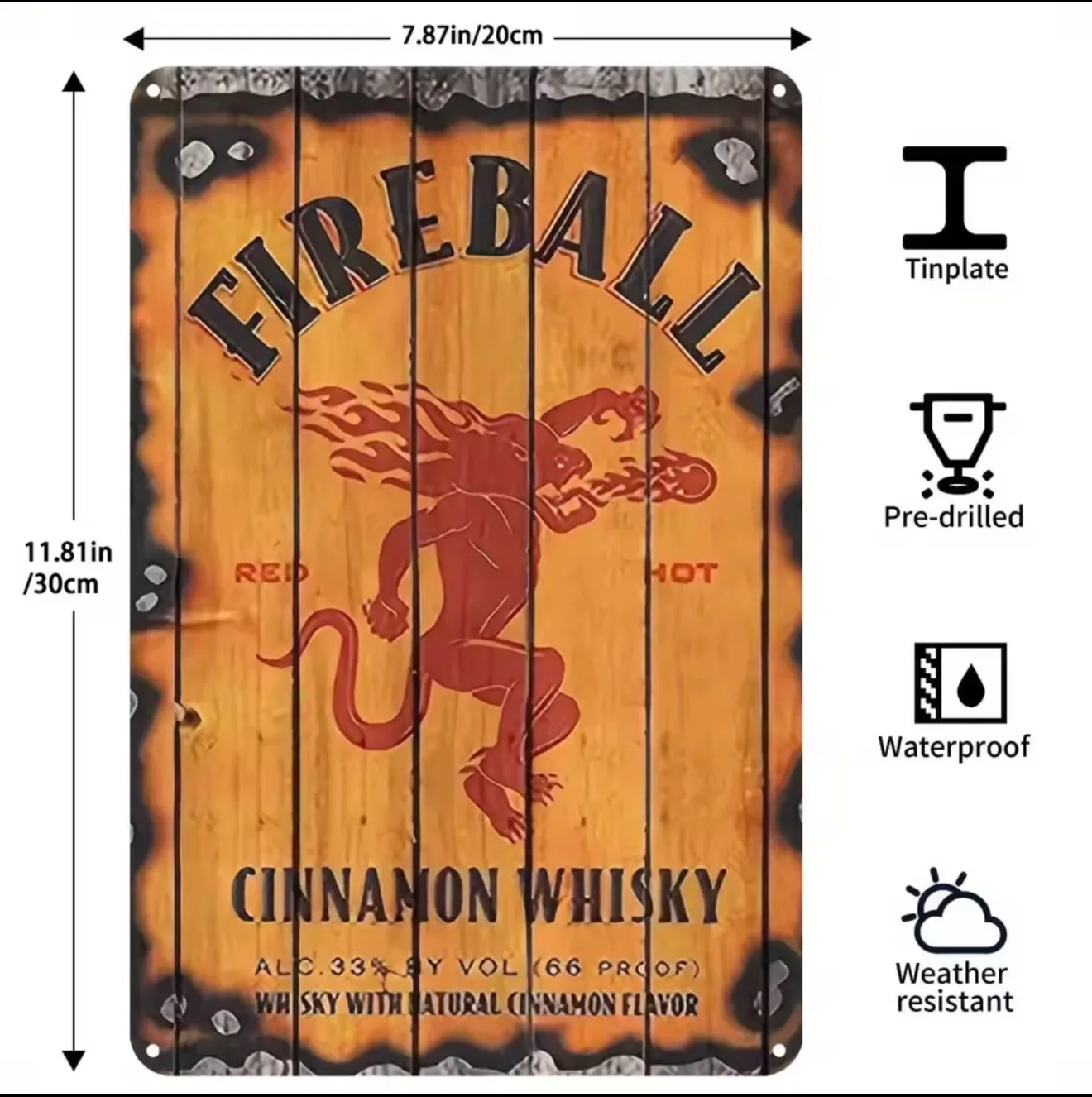 Vintage Fireball Cinnamon Whiskey Metal Sign - Humorous Home, Bar, Cafe Wall Art - Perfect for Holiday Decorations, Garden