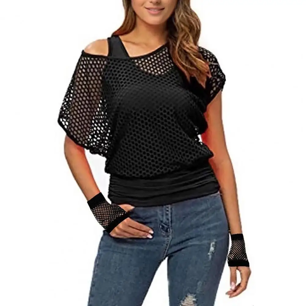 80s Mesh Shirt Vest Set Women\'s Bright Color Mesh Top Vest Set with Short Sleeve Racerback Sexy Long Sleeve Clubwear for Summer