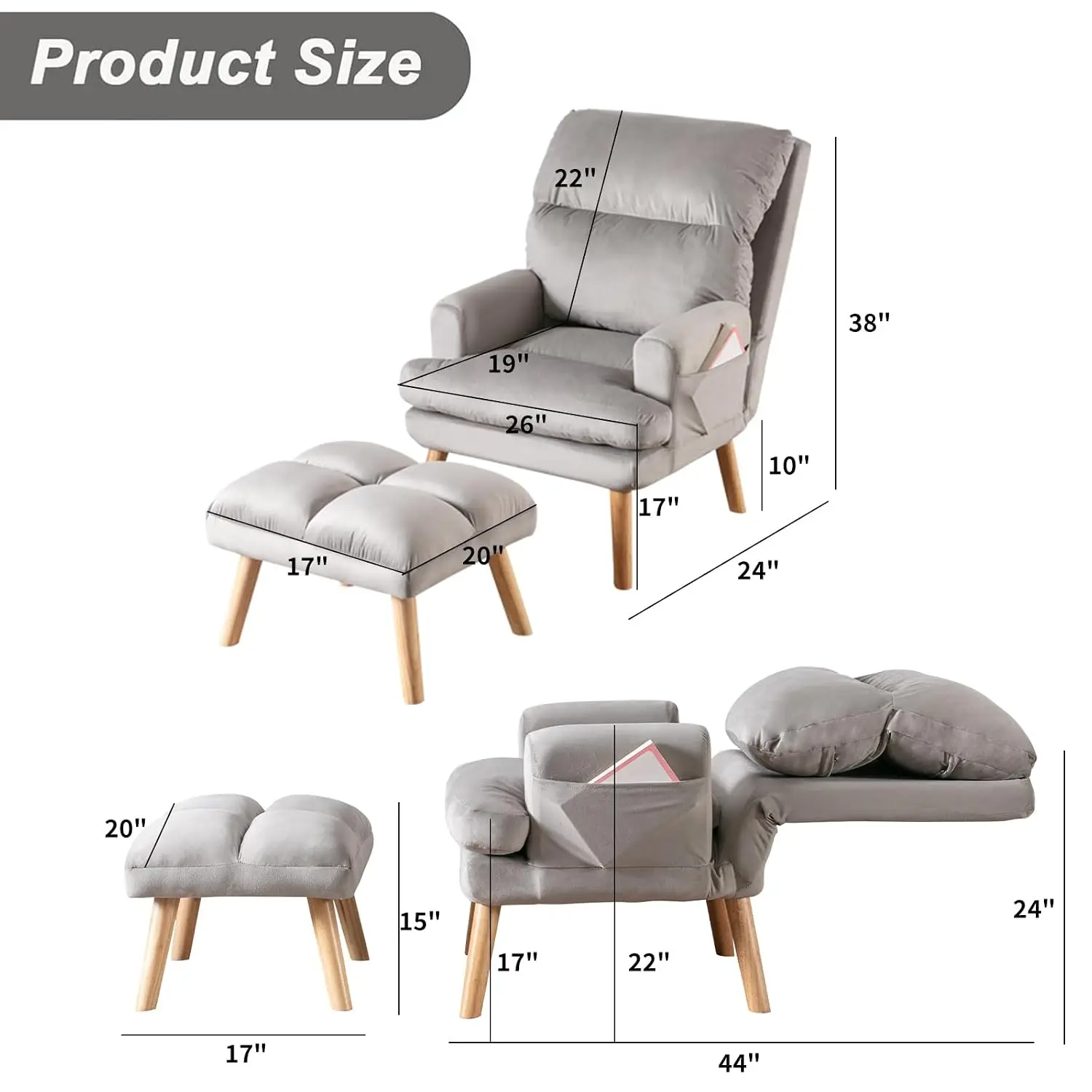 Modern Accent Chair Ottoman Soft Fabric Adjustable Backrest Side Pockets Lounge Chair Living Room Bedroom Office Grey Customized