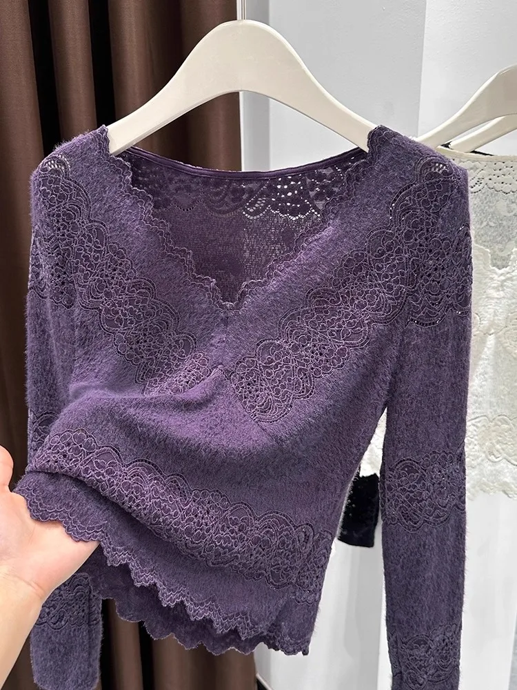 

Slim Fit Women's Lace Base irt V-Ne French Sle Inner Wear Top Purple Color Blo Design Long Sve Casual ort Length