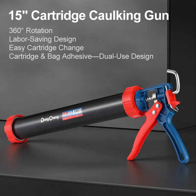 15 Inch Barrel Caulking Gun Heavy Duty Hand Tool 360 Rotating Frame Drip Free Push Rod Cartridge Foil Pack Window Door Roofing