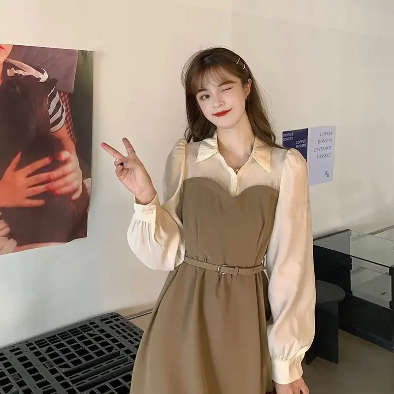 

Платье трапециевидной формы с воротником-поло и рукавами-пузырьками для женщин, универсальное лоскутное платье в корейском стиле из двух частей