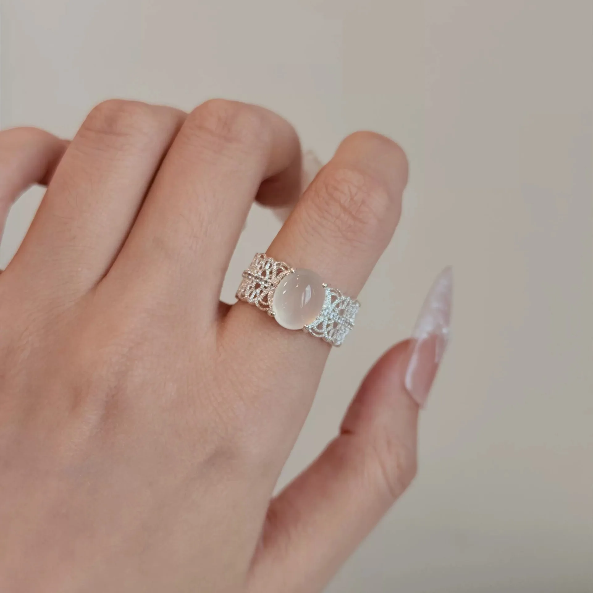 VENTFILLE 925 Sterling Silver Lace Textured Cat's Eye Stone Ring For Women Hollow Out Versatile Jewelry Party Gift Dropshipping