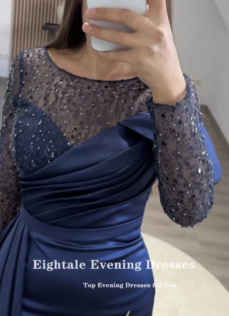 Eightale Navy Blue Evening dresses for women Sparkly Long Sleeves Satin Arabic Prom Party Gown Wedding sukienki na studniówkę