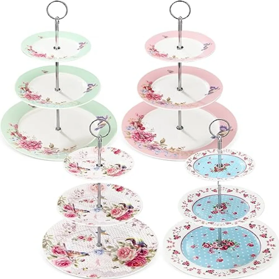 

4 Pcs 3 Tier Tea Party Cake Stand Floral Ceramic Cupcake Display Round Porcelain Cupcake Dessert Tower Tray Pastry Serving Tray