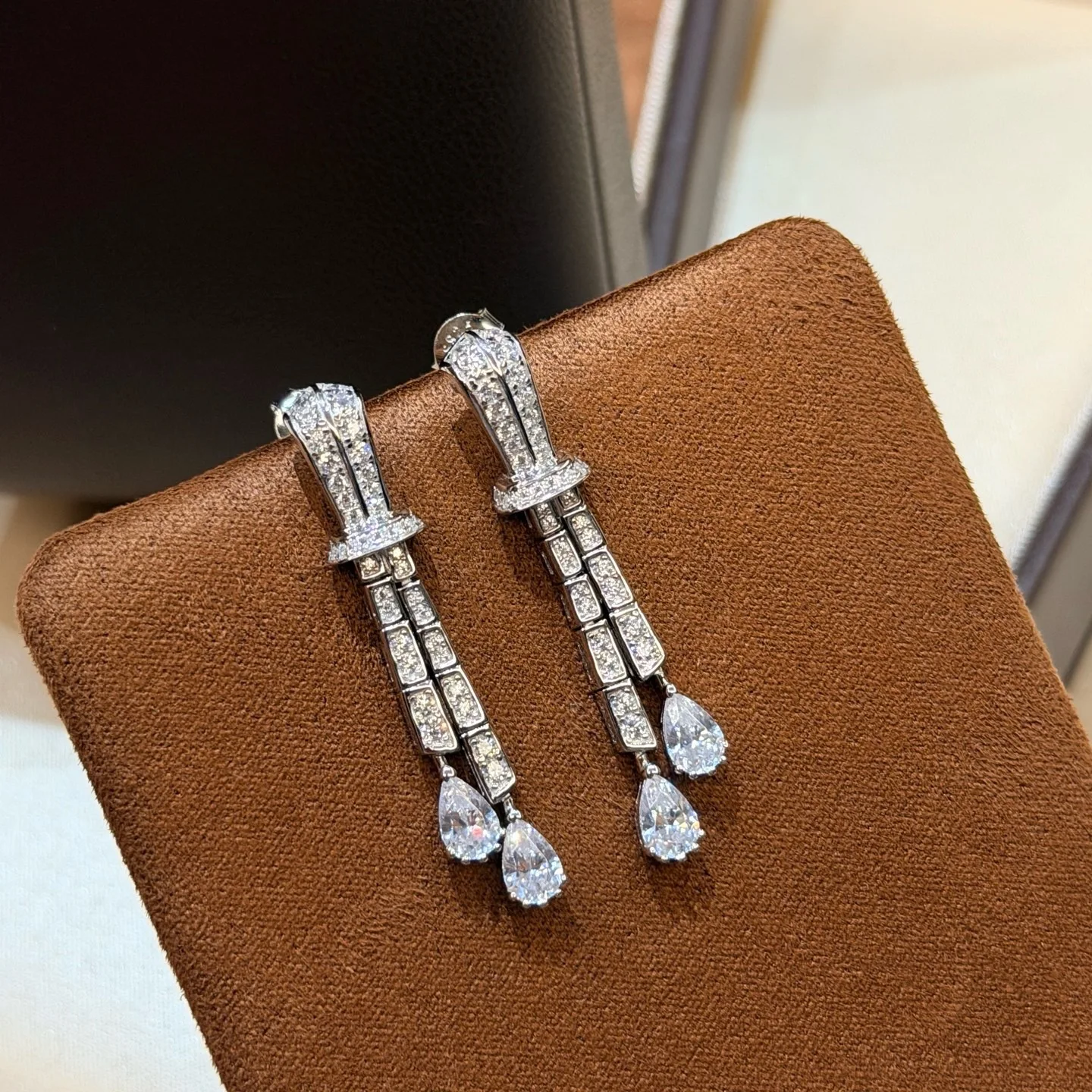 Trendy 925 Sterling Silver Dangle Earrings For Women Knotted Bar Pear Fringe Tassel Clear Accent Stones Luxury Fine Jewelry