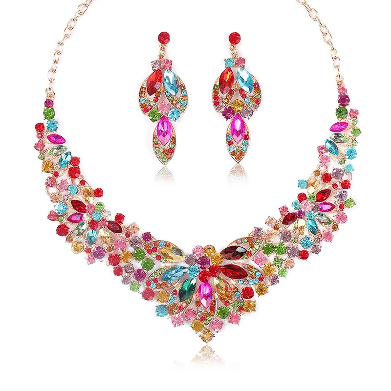 KMVEXO Fashion Multiple Colorful Crystal Prom Wedding Jewelry Sets for Women Accessories Necklace Earrings Bridal Jewelry Sets