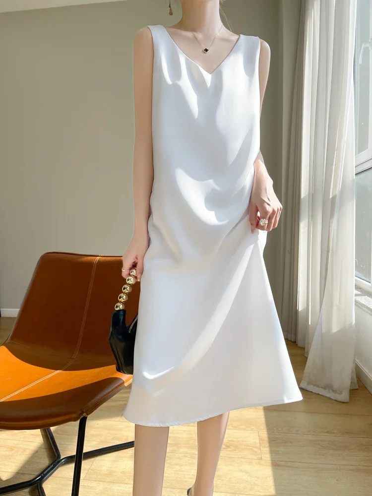 Women Summer Dress Front Back V-Neck Sleeveless Slim Fit Dress Artificial Silk Satin Thin Smooth Asian Size Type Casual 2024