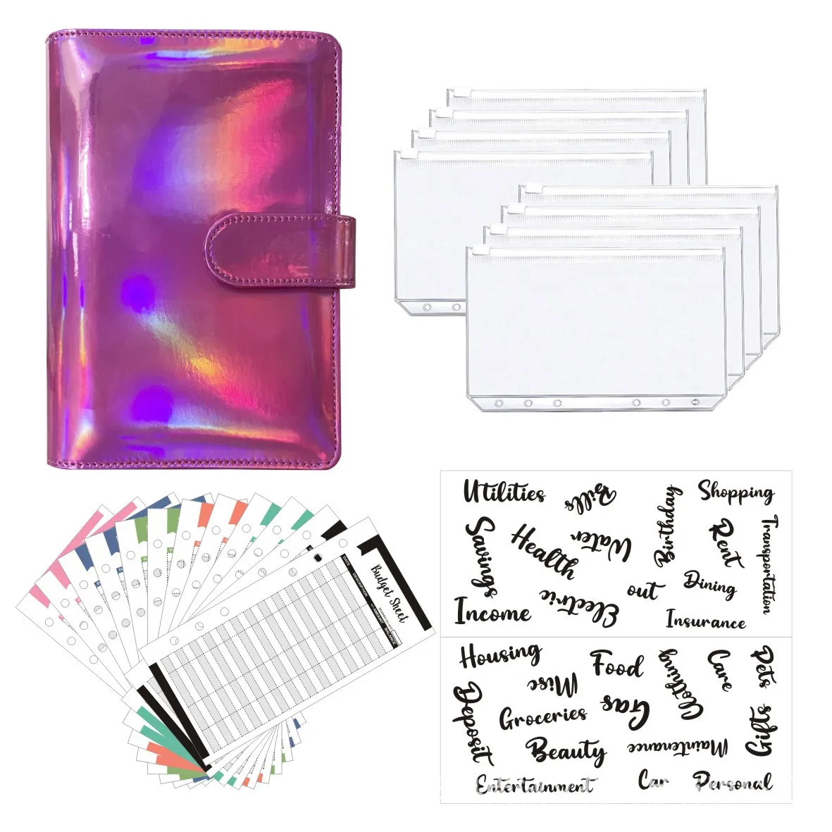 A6 Budget Binder, Money Saving Binder with Zipper Envelopes, Cash Envelopes and Expense Budget Sheets for Budgeting