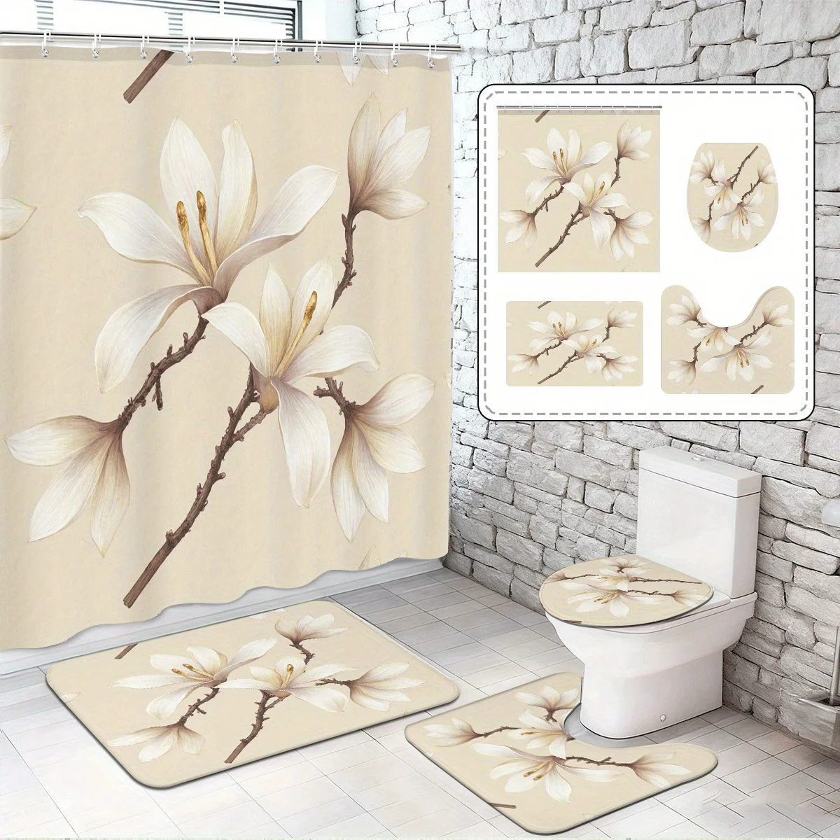

4pc White magnolia pattern bathroom set, includes shower curtain with hooks, non-slip mat, toilet seat cover, and non-slip mat.