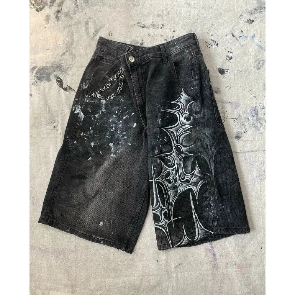 

Y2K Harajuku Oversized Geometric Print Denim orts Men's Faion Spring Season Five-Quarter Length Casual Straight Fit