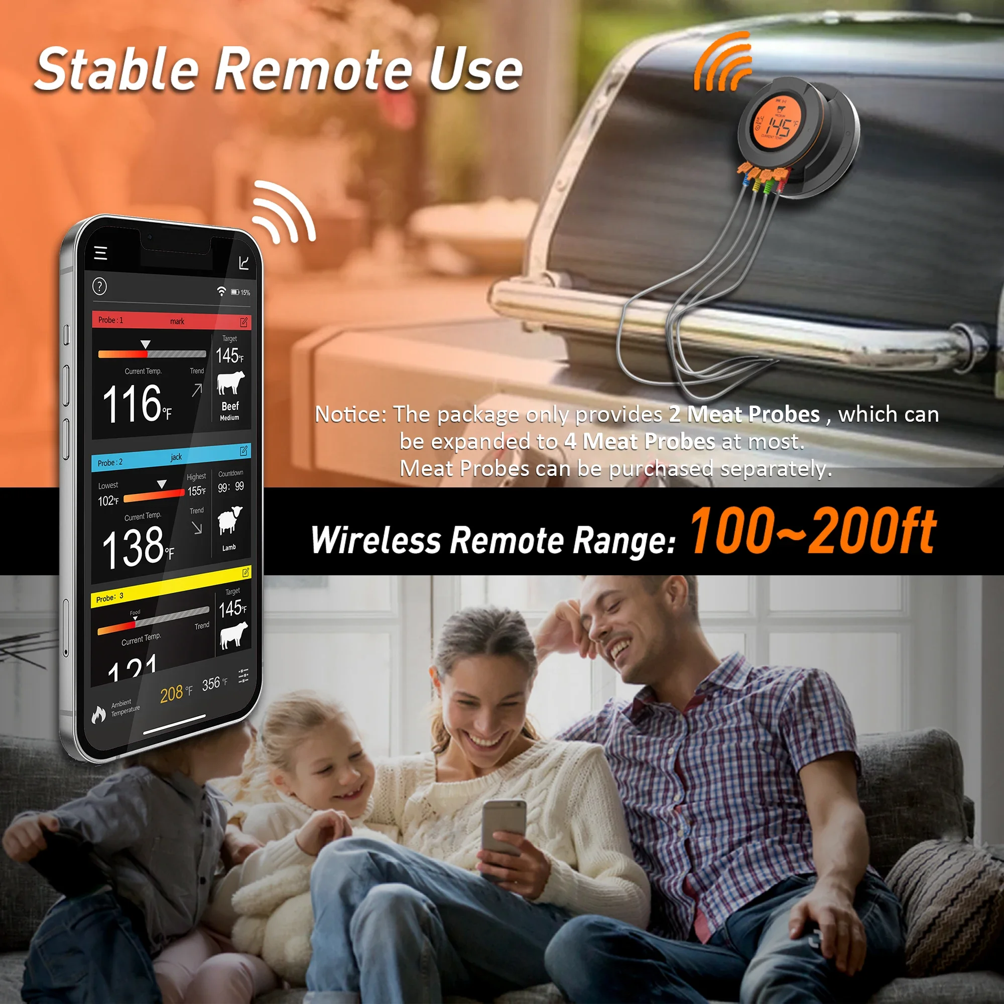 ميزان حرارة اللحوم اللاسلكي بتقنية البلوتوث مع 4 مجسات، ميزان حرارة طعام شواء رقمي ذكي لمدخن فرن الشواية، التحكم في التطبيق #3