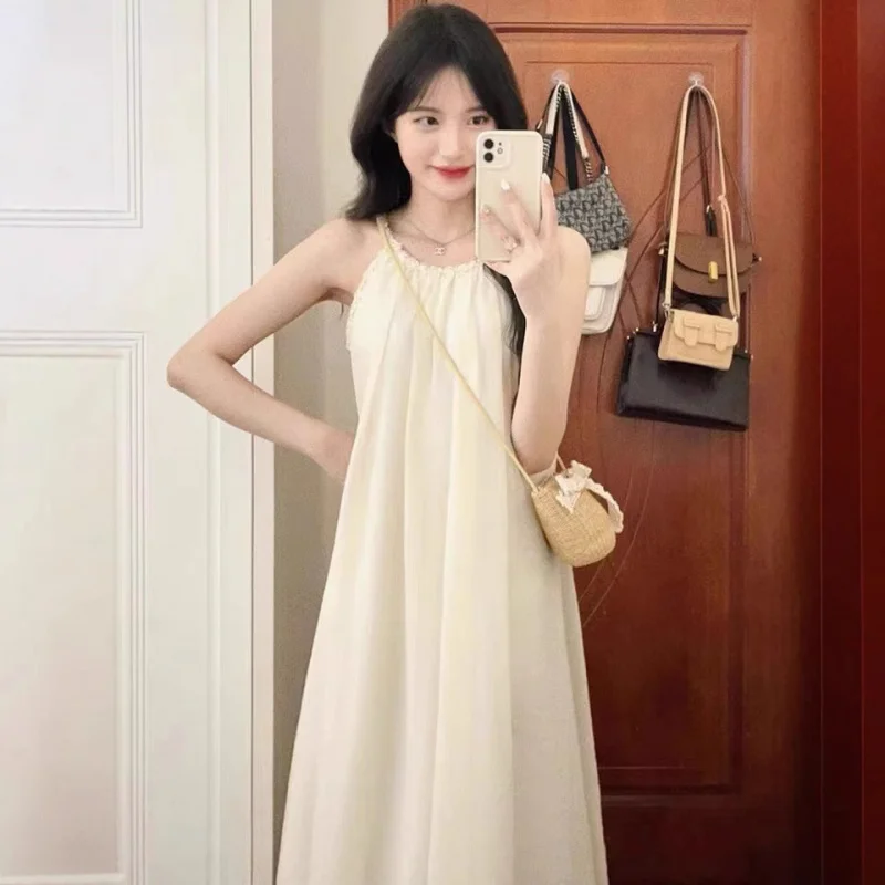 

French Style Gentle Summer Sweet Temperament Dress for Women, Waist-Cinching Unique Sleeveless Halter Neck Strap Dress for Petit