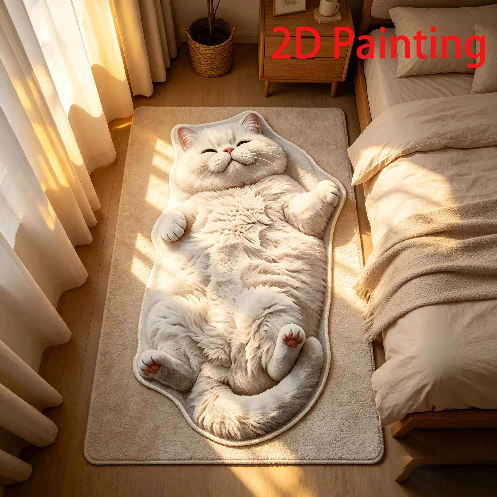 VIKAMA Sleeping British Shorthair Cat Shaped Long Rug 2D Furry Print Non Slip Soft Balcony Bedroom Absorbent Floor Carpet