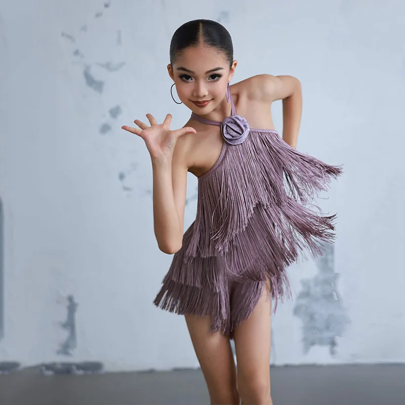 2025 Latin Dance Fransen Kleid Mädchen Sommer Wettbewerb Kleidung Samba Cha Cha Salsa Performance Wear Kid Praxis Kleidung 2425
