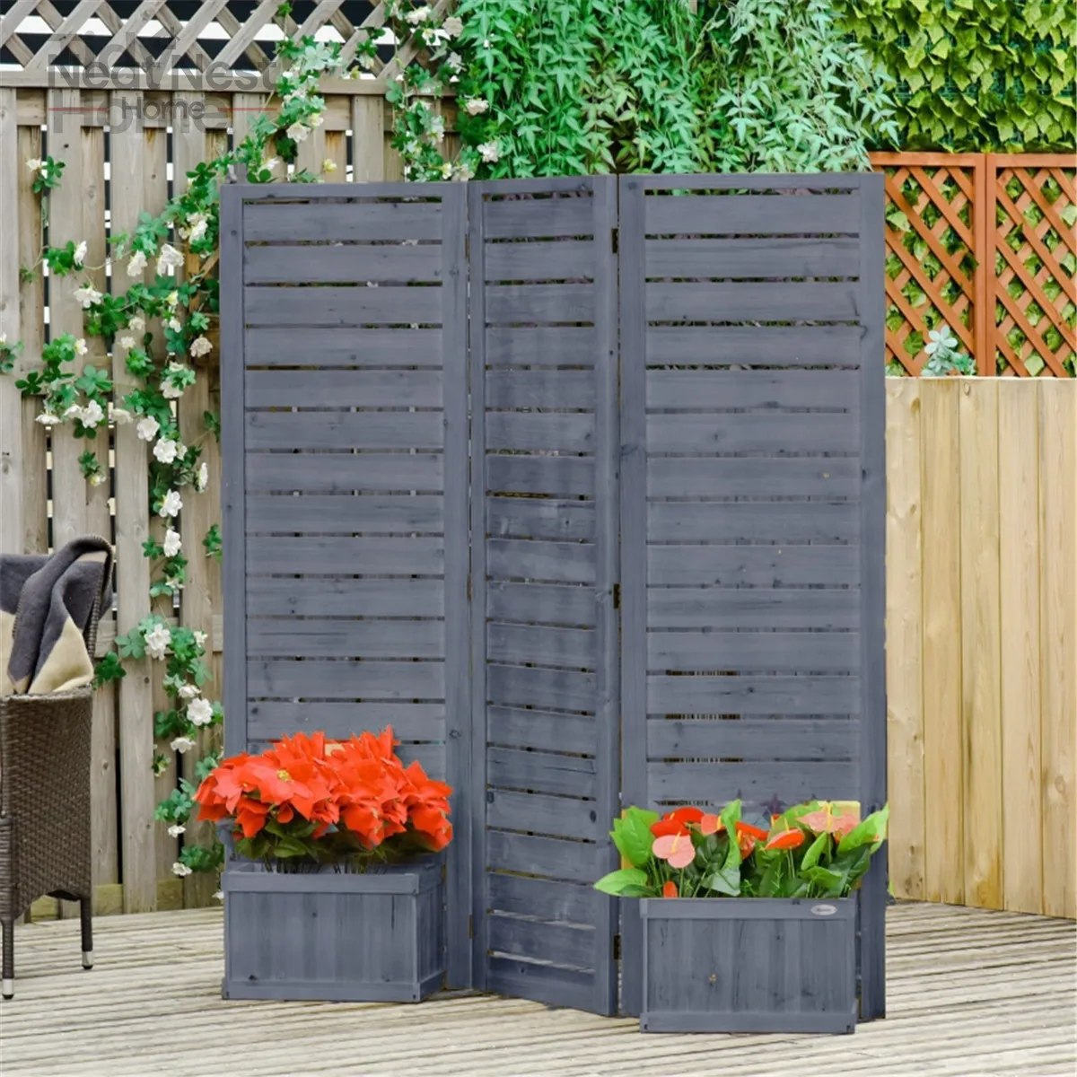 

Freestanding Outdoor Privacy Screen, 4 Self-Draining Planters/Raised Garden Beds, 3 Hinged Panels for Hot Tub, Patio