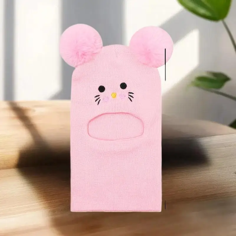 1 tocado de doble pompón con bonito bordado de dibujos animados, tejido para cobertura completa de rostro y cuello, resistencia al viento y al frío